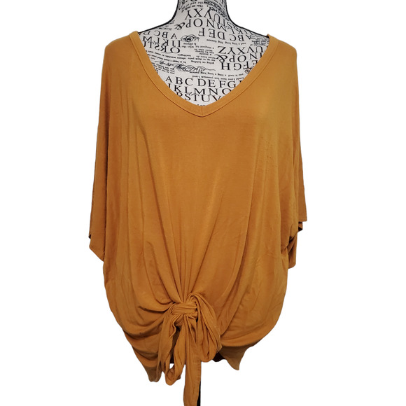 Zenana Short Sleeve Blouse Top Mustard Yellow Gold Tie Front Stretch Loose Large - Picture 1 of 10